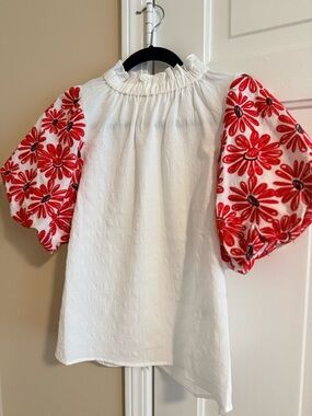 White Peasant Blouse with Red Floral Puff Sleeves. THML XS. Worn once.